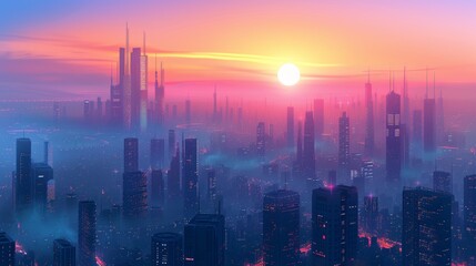Fototapeta premium futuristic cityscape sunrise mesmerizing and atmospheric portrayal futuristic cityscape sunrise with glowing skyscrapers urban landscapes and morning mist evoking sense generated illustration