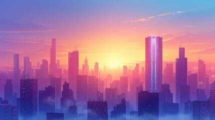 Fototapeta premium futuristic cityscape sunrise mesmerizing and atmospheric portrayal futuristic cityscape sunrise with glowing skyscrapers urban landscapes and morning mist evoking sense generated illustration