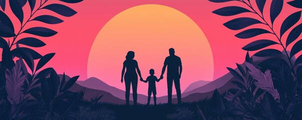 A silhouette of a family holding hands against a vibrant sunset, surrounded by lush foliage and a serene mountain backdrop.
