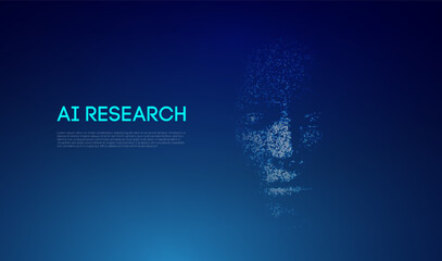 Low-poly digital face made of blue connected particles representing artificial intelligence research and technology.