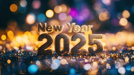 "New Year 2025" in digital-style letters, with confetti and golden bokeh lights sparkling in the background.