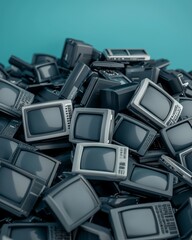 Fototapeta premium A cluttered pile of vintage televisions stacked together against a teal backdrop, showcasing retro technology and nostalgic design.