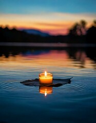 Single burning candle floats on a leaf in calm water, casting warm light and creating ripples during a beautiful sunset
