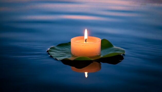 Single burning candle rests on a lotus leaf floating on calm water, evoking tranquility and peace at dusk