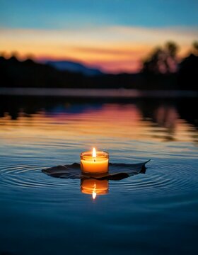 Single burning candle floats on a leaf in calm water, casting warm light and creating ripples during a beautiful sunset