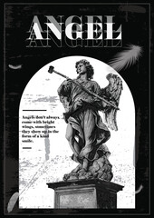 Angel poster with classic paper cut style in black and white colors, angel statue