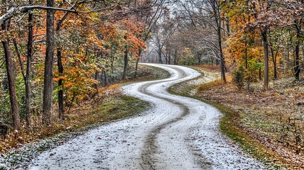 Fototapeta premium Snowy Forest Path: A winding trail disappears into a dense forest, snow clinging to the branches. The viewer wonders where the path leads and what challenges lie ahead. 