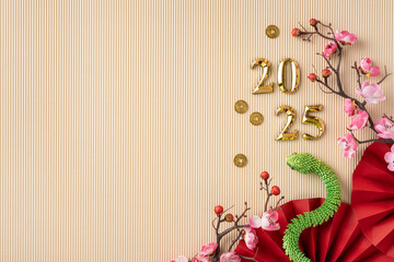 Celebrate the Chinese New Year 2025 with an elegant design featuring golden numbers, vibrant pink...
