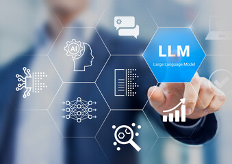 LLM (Large Language Model) technology to analyse and generate text with icons of AI computing, machine learning, data analysis, big data, document analysis, chatbot. Businessman touching icon.