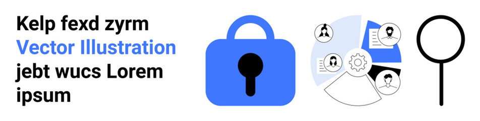 Large blue lock at center, magnifying glass, and connected user profiles with gears. Ideal for cybersecurity, data protection, privacy policies, network security, digital security courses, secure