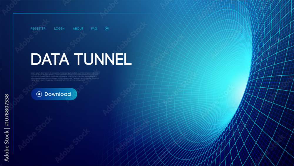 Poster digital data tunnel with blue grid pattern creating a futuristic network theme for technology.