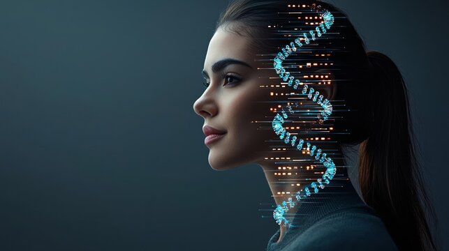 Futuristic portrait of a woman with a holographic DNA strand, symbolizing the intersection of genetics and technological advancements