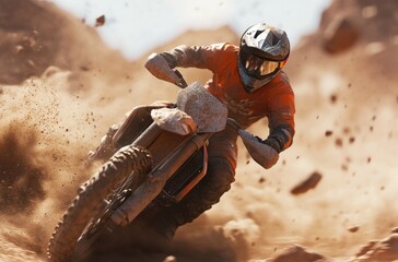 A man riding an off-road motorcycle in the desert, an action shot with dirt flying behind him
