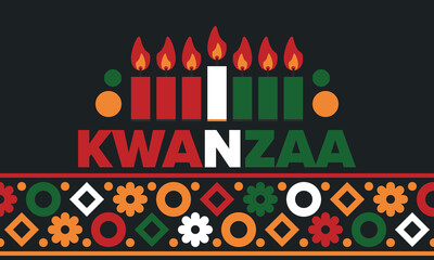 Obraz premium Kwanzaa Happy Celebration. African and African-American culture holiday. Seven days festival, celebrate annual from December 26 to January 1. Black history. Poster, card, banner and background. Vector