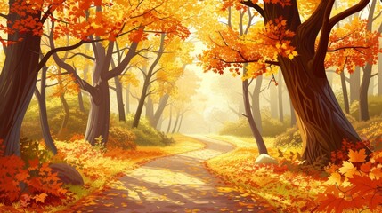 vibrant autumn forest vibrant and colorful portrayal autumn forest with trees adorned golden leaves winding paths and dappled sunlight capturing the beauty and richness generated illustration