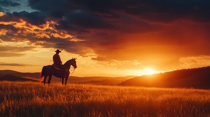 Fototapeta premium Silhouette of a Cowboy on Horseback at Sunset