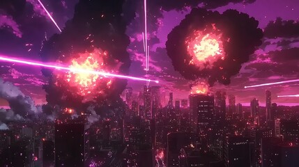 Fototapeta premium Futuristic anime battle with lasers and glowing explosions in a city