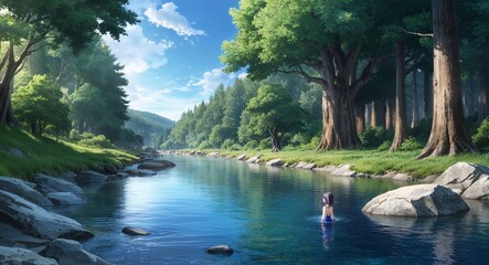 Anime serene river gentle water tranquil forest peaceful view