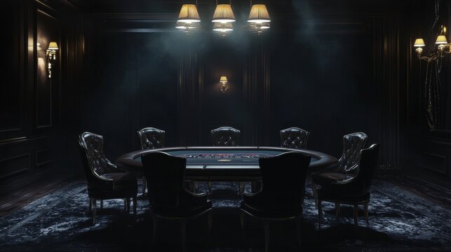 dimly lit minimalist space lavish poker table awaits eager players surrounded ornate chairs enhance enigmatic atmosphere.