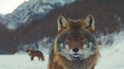 Fototapeta premium Snowy Wilderness: A lone wolf or fox traverses a snowy expanse. Its eyes hold hunger and resilience. 