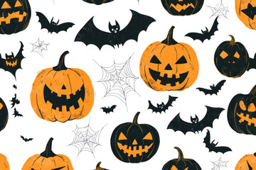 Seamless pattern featuring a variety of spooky pumpkin silhouettes in different shapes and sizes, including traditional jack-o-lanterns with carved faces