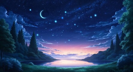 Obraz premium Anime starlit night glowing stars peaceful sky calm atmosphere
