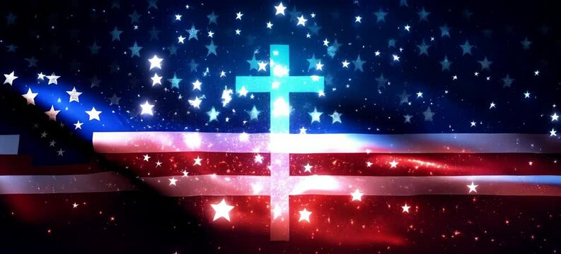 Jesus Cross with America flag background. Religion faith worship spirituality concept. 4th of July or American independence day. Generative video AI technology.
- Powered by Adobe