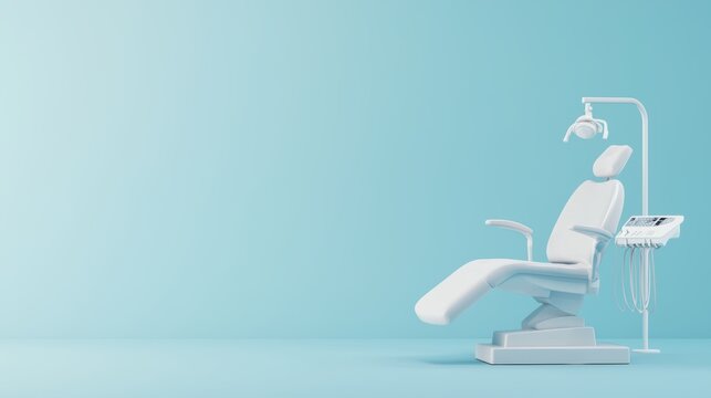 A minimalistic dental chair setup against a light blue backdrop, emphasizing cleanliness and modernity in a dental practice environment.