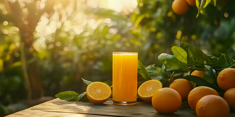Naklejka premium Refreshing Orange Juice in a Glass Surrounded by Fresh Oranges and Lush Greenery, Capturing the Essence of Natural Flavor and Vitality in a Sunlit Garden