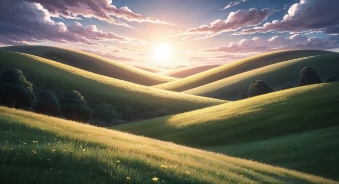 Anime sunrise landscape golden light spreading over soft rolling hills