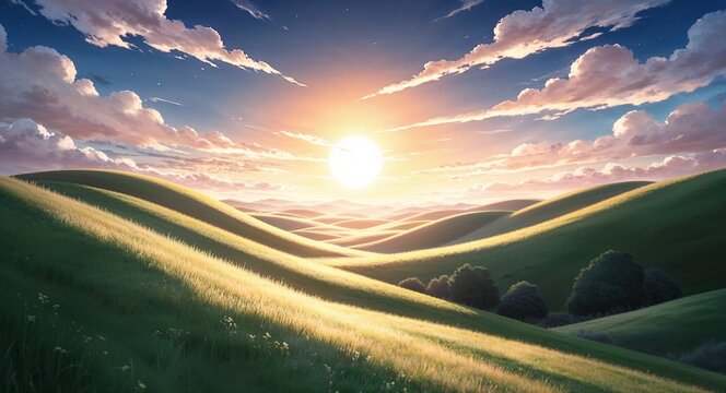 Anime sunrise landscape golden light spreading over soft rolling hills