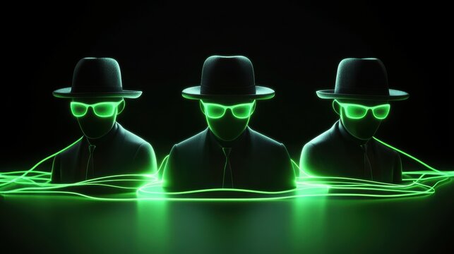 Three stylized figures in fedora hats and glowing green sunglasses, connected by a network of green light lines, set against a dark background, evoking a mysterious or secretive atmosphere