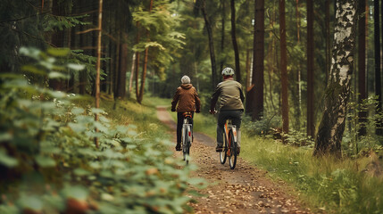 Elderly man and woman riding bicycles through autumn forest or park, rear view. Sports in retirement, healthy lifestyle, active old age.