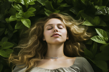 Fototapeta premium Portrait of a beautiful gentle blonde woman with long loose hair lying in the forest with closed eyes on green leaves.