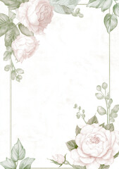 Watercolor white floral frame, tropical flowers in the corners of an empty rectangle, white background, pink and green color palette, vector illustration, with white space on all sides.
