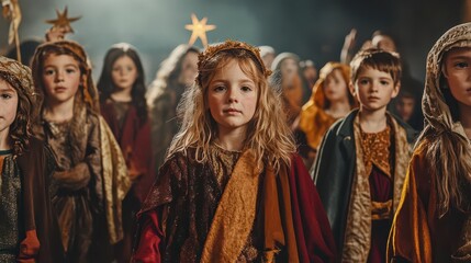 Naklejka premium A group of children reenacting the journey of the Three Wise Men in a church play, with costumes, props, and a star leading the way