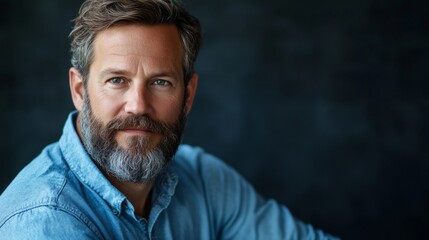 Obraz premium A man with a beard and a blue shirt is smiling
