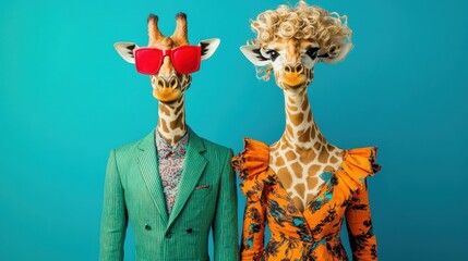 Fototapeta premium Two giraffes dressed up in human clothes, with one wearing sunglasses, standing against a blue background