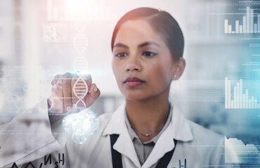 Scientist, woman and hologram in lab for dna, click and medical research at pharmaceutical company. Person, ux and futuristic display with icon, review and innovation with studying virus for vaccine