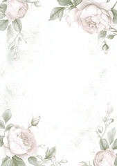 Watercolor white floral frame, tropical flowers in the corners of an empty rectangle, white background, pink and green color palette, vector illustration, with white space on all sides.
