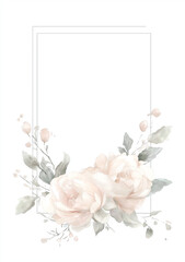 Watercolor white floral frame, tropical flowers in the corners of an empty rectangle, white background, pink and green color palette, vector illustration, with white space on all sides.