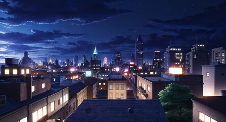 Fototapeta premium Anime urban rooftop glowing city lights nighttime skyline peaceful atmosphere