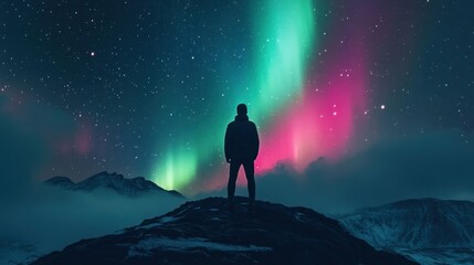 Man Silhouetted Against Aurora Borealis