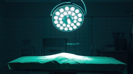 A sterile operating room featuring an illuminated surgical light and an empty surgical table, emphasizing readiness for a medical procedure.