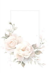 Watercolor white floral frame, tropical flowers in the corners of an empty rectangle, white background, pink and green color palette, vector illustration, with white space on all sides.