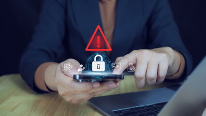 user is using smartphone with triangle caution warning sign for notification error and maintenance...