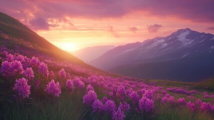 Obraz premium A stunning sunrise over a field of pink wildflowers in a mountainous landscape.