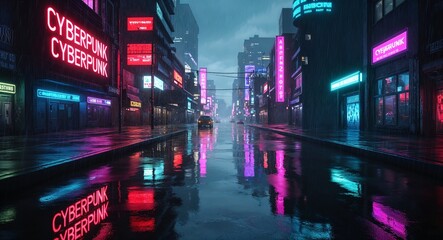 Fototapeta premium Cyberpunk anime cityscape neon lights reflecting rainsoaked urban streets