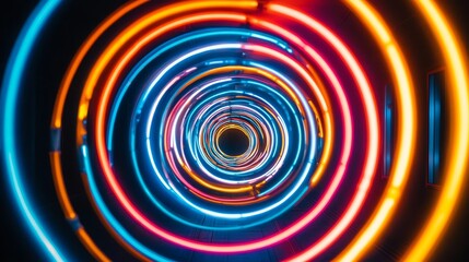 Abstract neon light trails forming complex circular shapes and patterns.