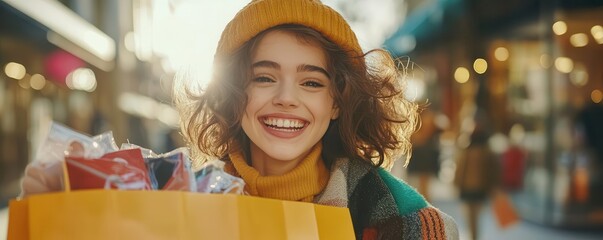 A shopper grinning with satisfaction as they hold up a shopping bag filled with discounted items, pride in their Black Friday success